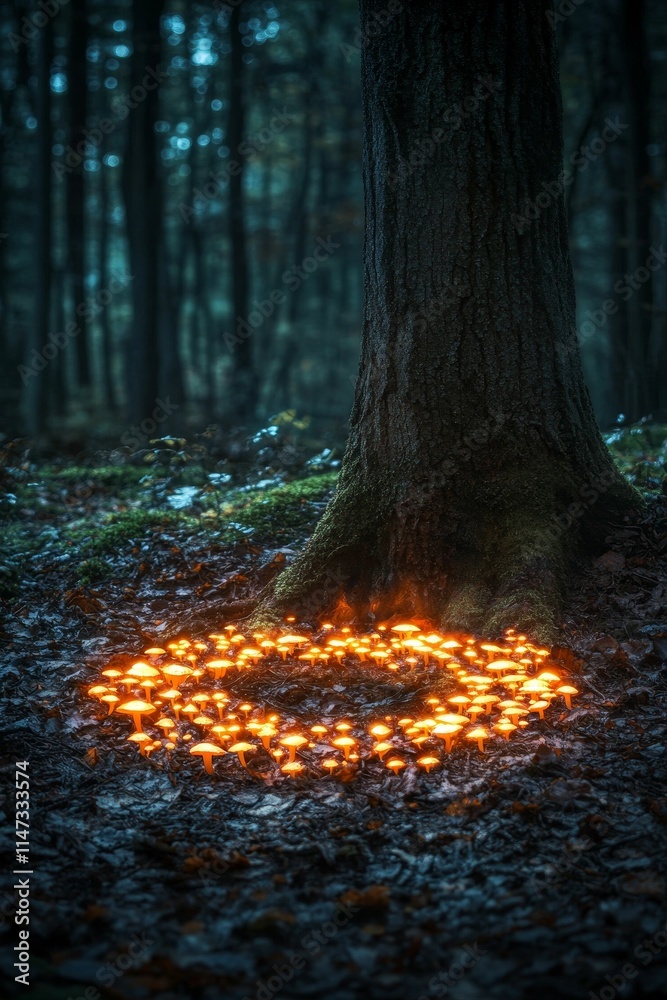 Glowing mushrooms circle tree base in dark woods.