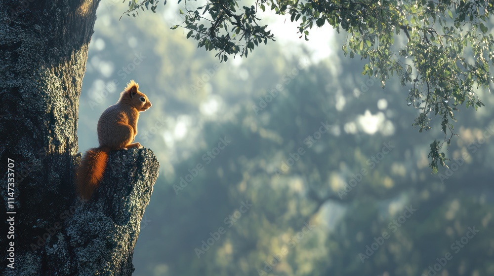 Red squirrel perched on a tree trunk, sunlight filtering through leaves. Red squirrel perched on a tree trunk, sunlight filtering through leaves.