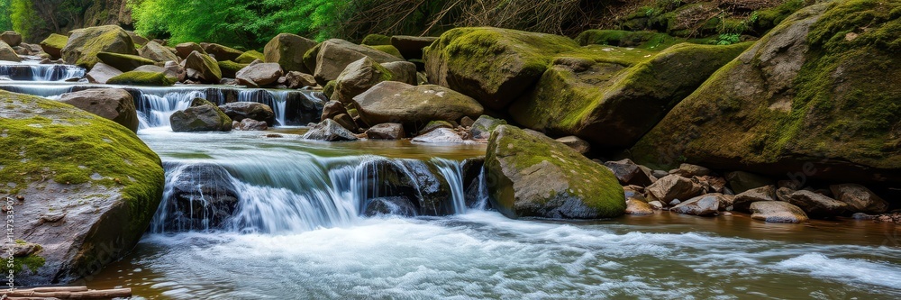 Fototapeta premium A serene waterfall cascading down moss-covered rocks in a lush forest setting, peaceful, rocks, waterfall