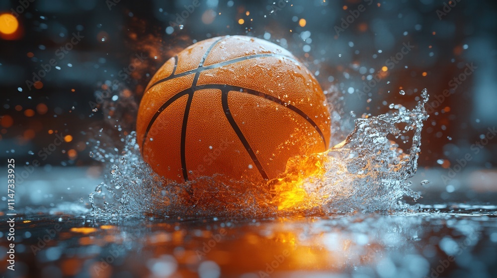 A basketball splashes into water, creating a dynamic and energetic scene.