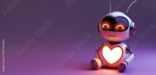 A small 3D robot with antennae and a glowing heart on its chest, sitting on a purple background with a playful smile.