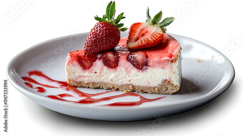 A slice of strawberry cheesecake with a strawberry on top