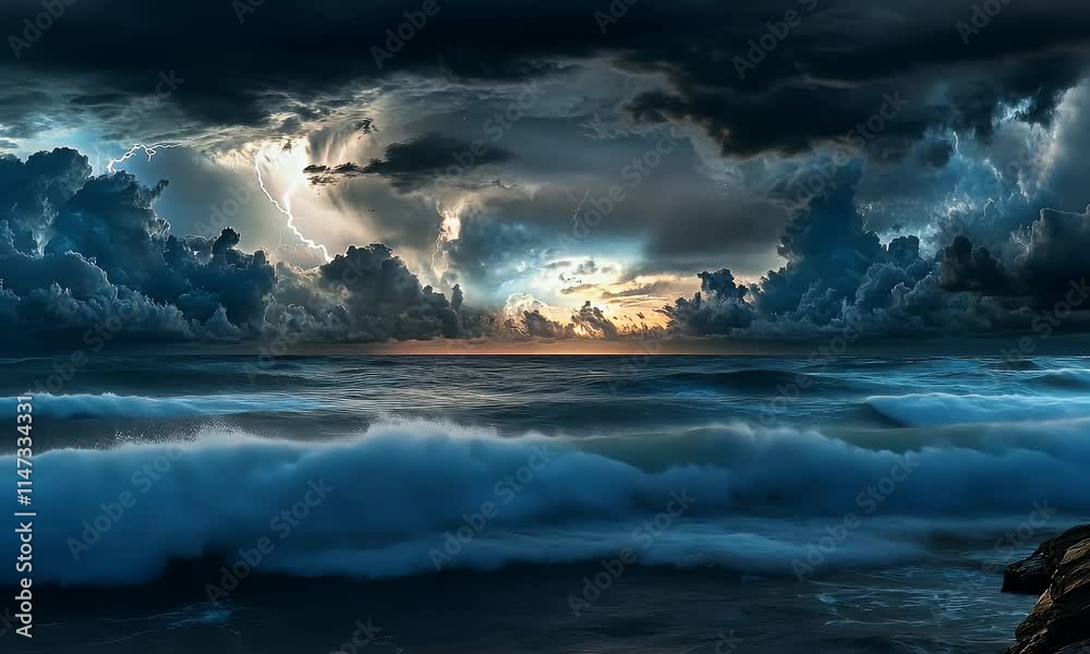 Dramatic seascape with turbulent waves and stormy skies illuminated by lightning.