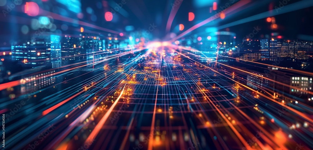 A smart city grid with light trails representing data traffic flowing through streets and buildings, illustrating the digital infrastructure of a modern metropolis. A smart city grid with light trails representing data traffic flowing through streets and buildings, illustrating the digital infrastructure of a modern metropolis.