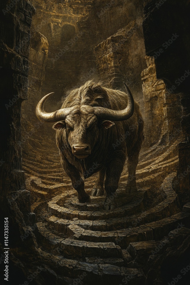 Large horned bull walks ancient stone path. Large horned bull walks ancient stone path.