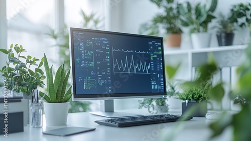 Modern office workspace with computer displaying data charts and surrounded by lush green plants.