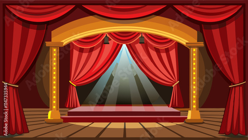 Theater stage with Empty scene, a red curtain and spotlights.