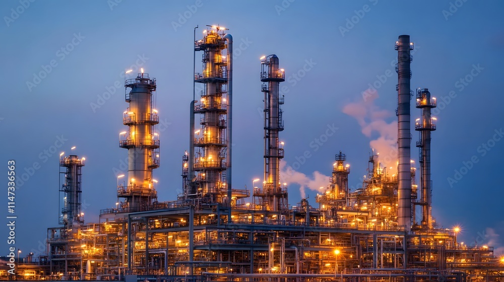A large industrial plant with many tall towers and a lot of lights. The sky is dark and the lights are on A large industrial plant with many tall towers and a lot of lights. The sky is dark and the lights are on