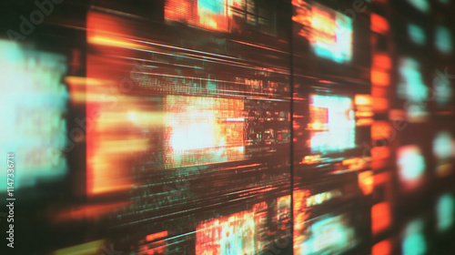 Bright digital abstract patterns created by lights and screens at night.  