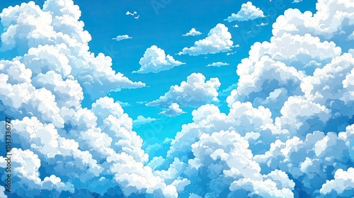 Cartoon-style seamless pattern of fluffy white clouds on a bright blue sky background, perfect for playful or childrens designs, evoking happiness and lightness.
