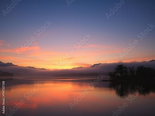 Majestic sunset over mist covered mountains and tranquil lake, dusk, evening, colorful