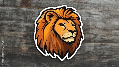 Fierce lion head illustration sticker on wood. photo