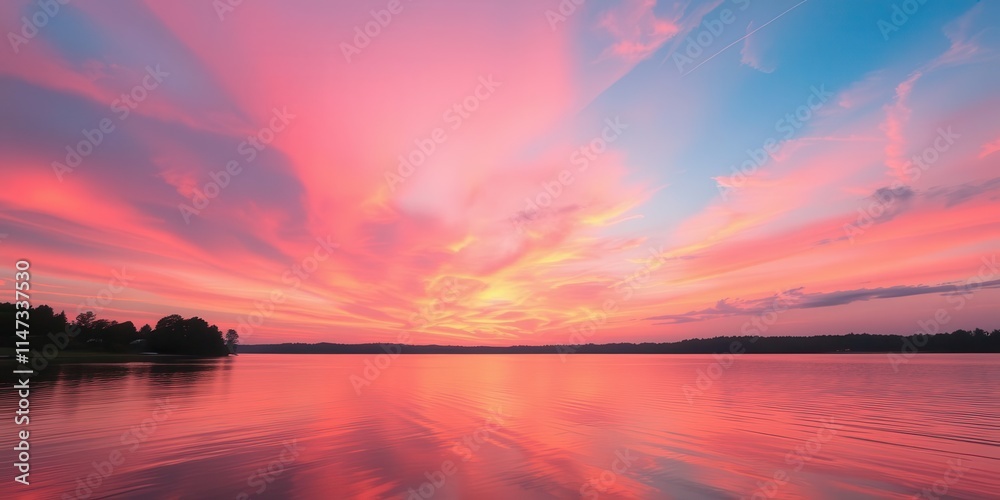 A stunning sunset over a calm lake, with vibrant pink and orange hues reflecting in the water, surrounded by lush green trees, calm, tranquil, vibrant