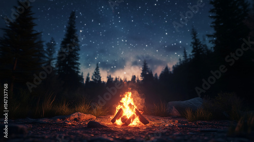 Fototapeta Naklejka Na Ścianę i Meble -  Glowing campfire in the middle of a forest under a starry night sky, perfect for adventure, camping, and outdoor-themed visuals