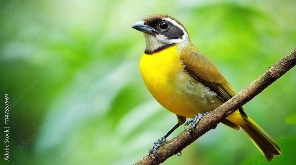 Yellow bird perched on branch in lush green foliage. Yellow bird perched on branch in lush green foliage.