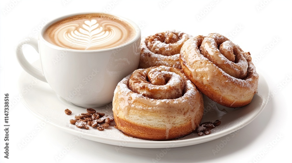 Cinnamon rolls and coffee latte on a white plate, isolated on a white background, perfect for cozy mornings or food photography concepts. Cinnamon rolls and coffee latte on a white plate, isolated on a white background, perfect for cozy mornings or food photography concepts.
