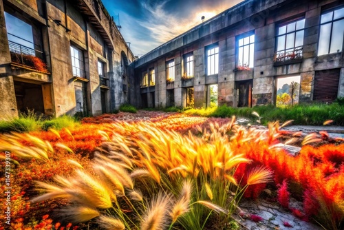 Abandoned buildings succumb to lalang's tenacious spread, seed dispersal painting a post-industrial landscape. photo