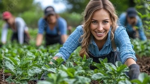 Wallpaper Mural Smiling woman gardening with team in background. Torontodigital.ca