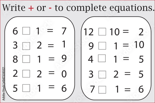 Mathematics activity of Write + or - to complete equation 