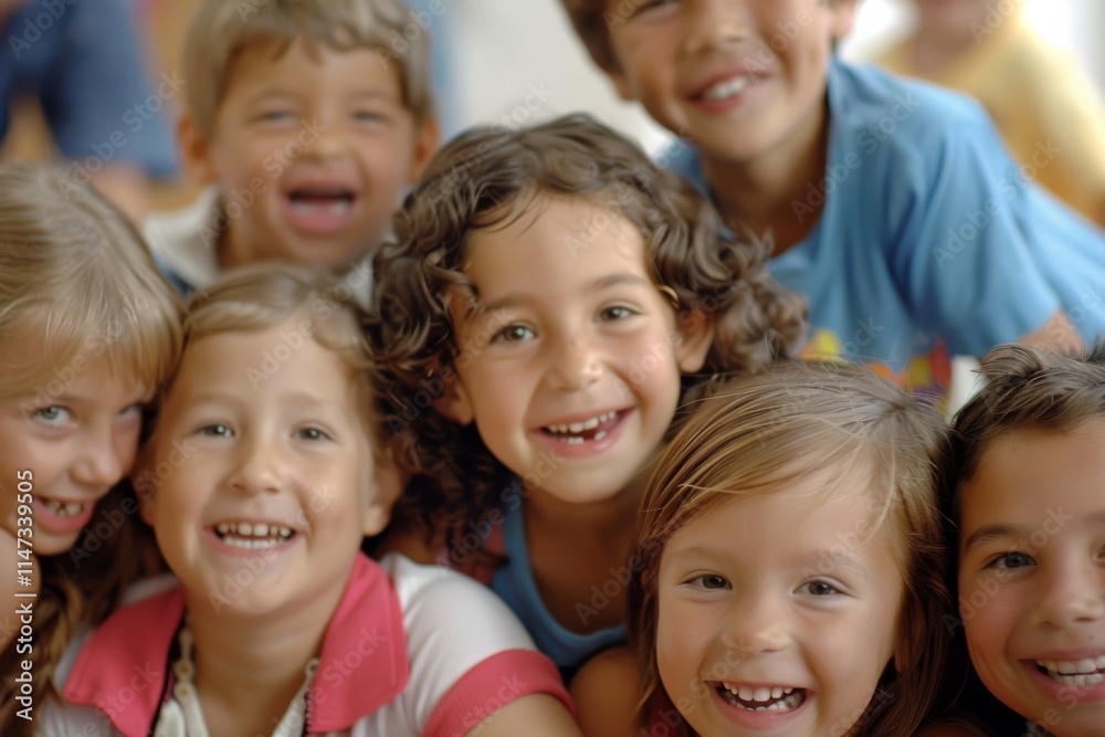Group of happy children looking at camera, smiling. Focus on foreground. Group of happy children looking at camera, smiling. Focus on foreground.