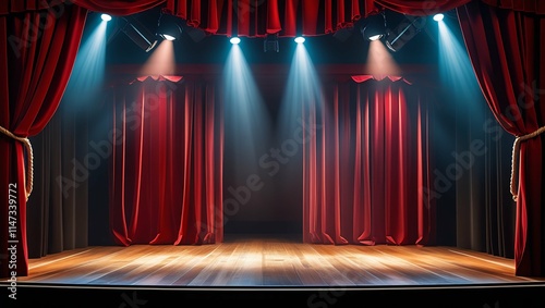 Theater stage with Empty scene, a red curtain and spotlights.