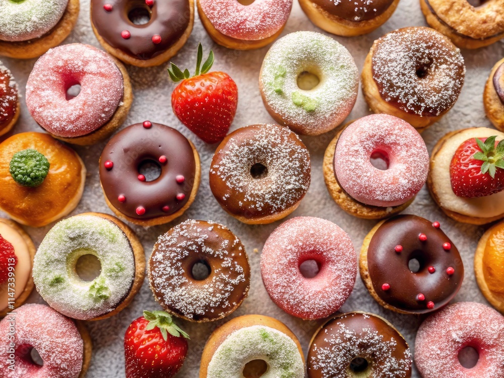 A high-depth-of-field image showcases delectable mini doughnuts in pastel hues. A high-depth-of-field image showcases delectable mini doughnuts in pastel hues.