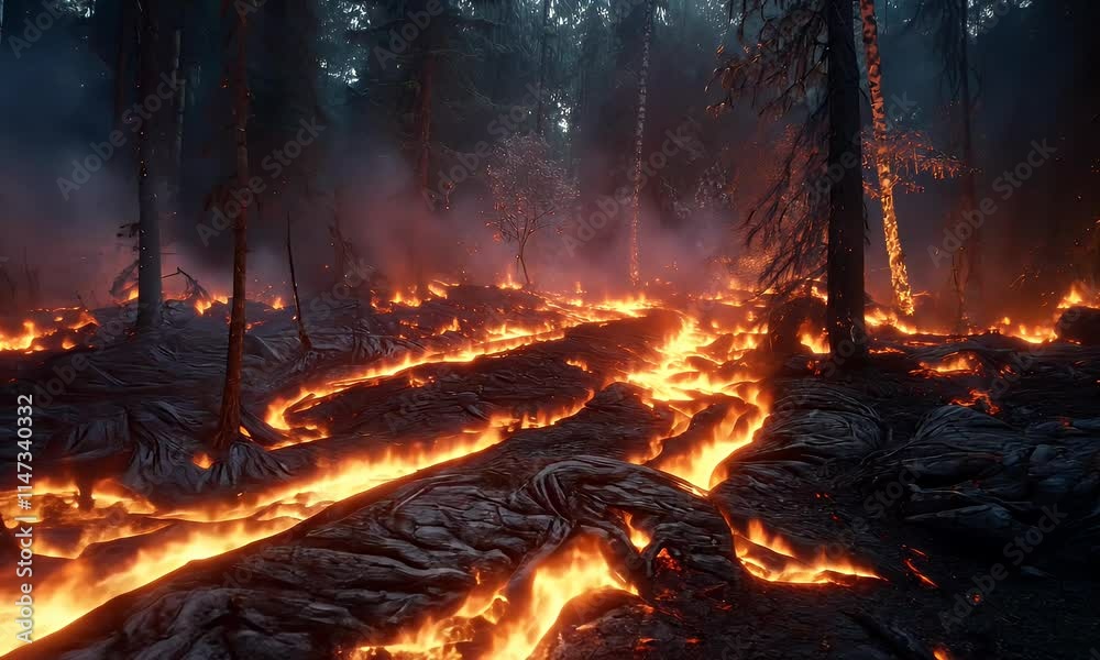 A forest engulfed in flowing lava, showcasing nature's destructive power. A forest engulfed in flowing lava, showcasing nature's destructive power.
