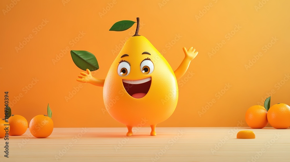 Cheerful Cartoon pear Character Smiling and Waving on a Wooden Surface, Surrounded by Oranges and Leaves with a Vibrant Orange Gradient Background. Cheerful Cartoon pear Character Smiling and Waving on a Wooden Surface, Surrounded by Oranges and Leaves with a Vibrant Orange Gradient Background.