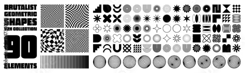Brutalist geometric shapes, modern symbols. Groovy checkered pattern, distorted tiled grid. Simple elements, forms. Retro design, trendy contemporary minimalist style, y2k. Vector illustration