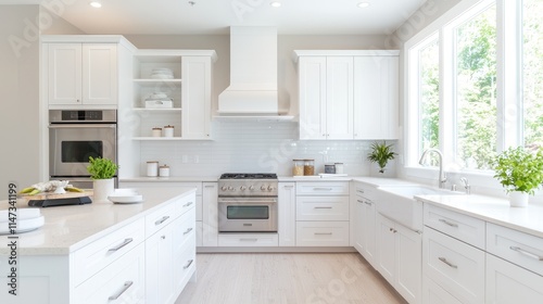 Bright  modern kitchen with white cabinets  quartz countertops  stainless steel appliances  and large windows.