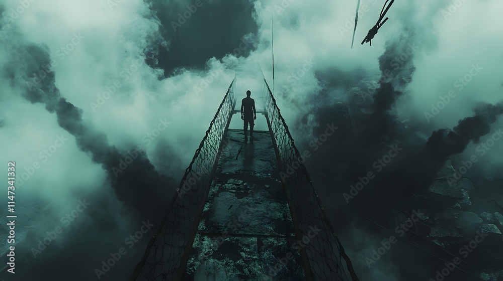 Fototapeta premium Fear on a Narrow Bridge Over an Abyss