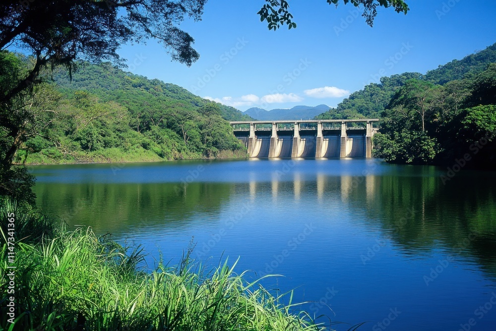 A tranquil scene of a hydroelectric dam surrounded by lush vegetation and a clear blue sky. The image highlights the integration of renewable energy into natural landscapes, emphasizing how A tranquil scene of a hydroelectric dam surrounded by lush vegetation and a clear blue sky. The image highlights the integration of renewable energy into natural landscapes, emphasizing how