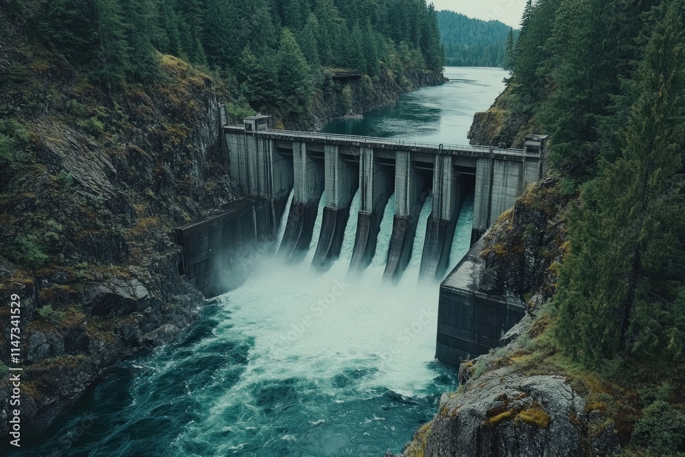 A stunning aerial shot of a hydroelectric dam with water flowing vigorously over the edge. The surrounding landscape features rocky cliffs and dense forests, illustrating the rugged beauty of the A stunning aerial shot of a hydroelectric dam with water flowing vigorously over the edge. The surrounding landscape features rocky cliffs and dense forests, illustrating the rugged beauty of the