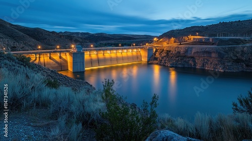 A dramatic view of a hydroelectric facility at night, illuminated by strategic lighting. The reflection of the lights on the water creates an enchanting scene, symbolizing the coexistence of nature