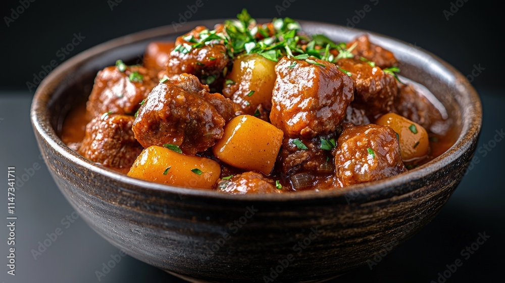 Delicious beef stew with potatoes in a rustic bowl. Delicious beef stew with potatoes in a rustic bowl.