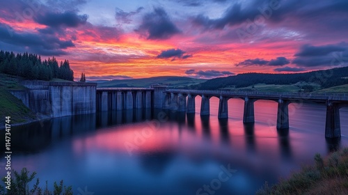 A stunning sunset over a hydroelectric dam, casting a warm glow on the water below. The image captures the beauty of renewable energy and the impact of hydropower on the landscape, embodying the photo