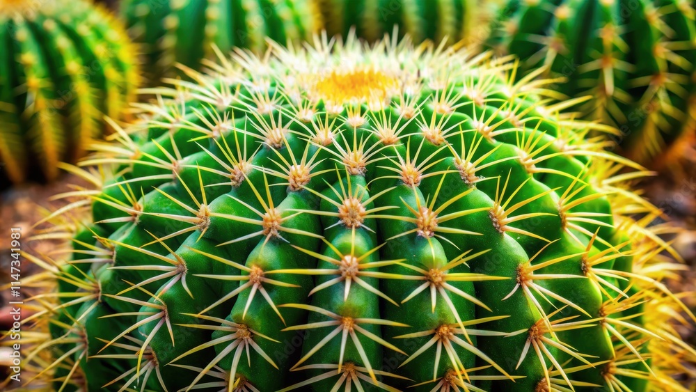 Close up of a vibrant green barrel cactus plant with sharp spines, Cactus, Barrel cactus, Green, Plant, Succulent, Desert Close up of a vibrant green barrel cactus plant with sharp spines, Cactus, Barrel cactus, Green, Plant, Succulent, Desert