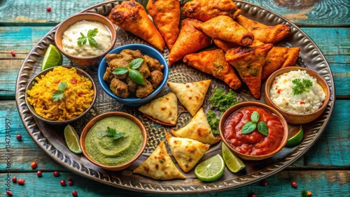 Wallpaper Mural Assorted Indian food items like samosas, pakoras, and chicken tikka masala displayed on a colorful platter , Indian, cuisine Torontodigital.ca