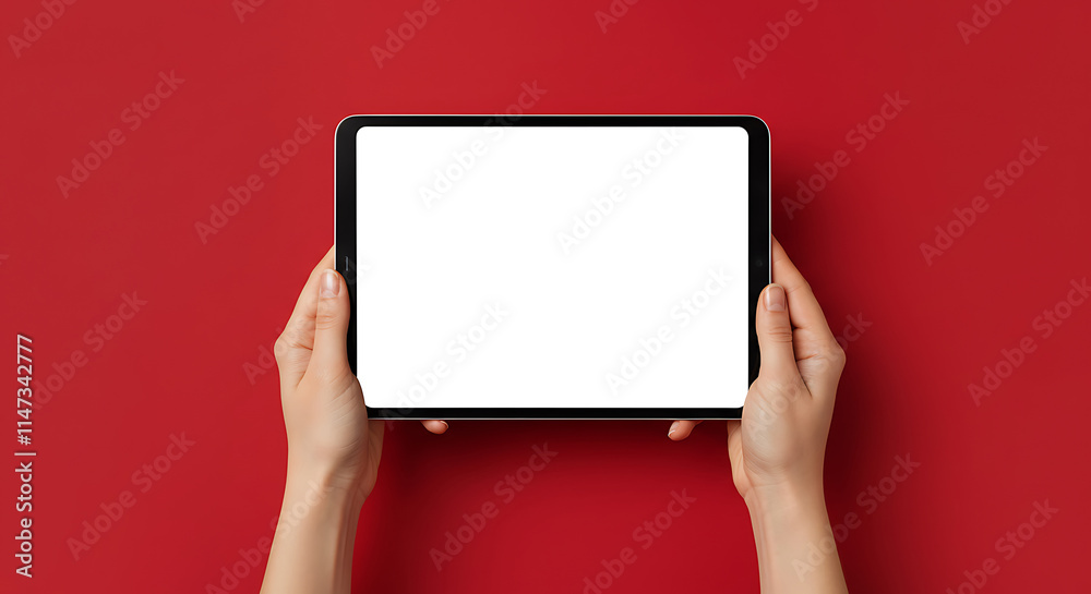 hands holding blank horizontal tablet mockup, empty tablet screen template on green blue background
