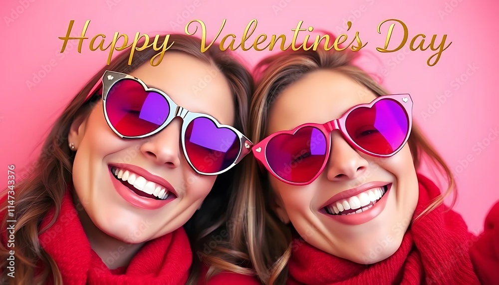 Happy Valentines Day Twin Sisters Wearing Heart Sunglasses Happy Valentines Day Twin Sisters Wearing Heart Sunglasses
