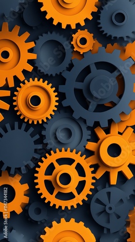 An abstract arrangement of interlocking gears in orange and blue, creating a dynamic industrial feel.