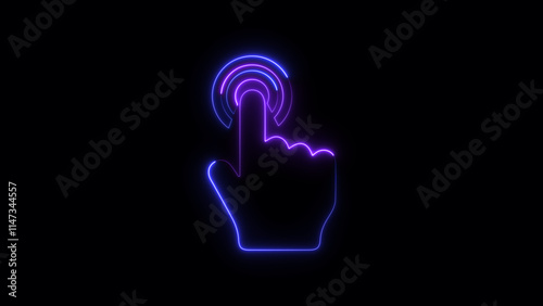 Neon and Glowing hand click icon. Click with hand cursor. mouse tap sign.