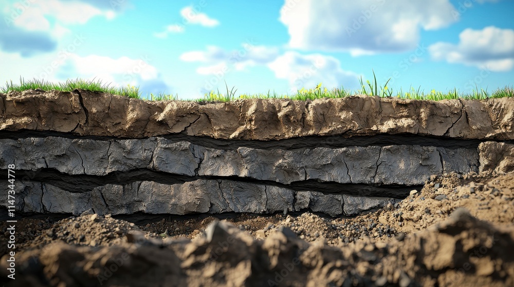 Detailed Cross-Section of Soil Layers with Cracks and Green Grass Under a Bright Sky, Illustrating Earth's Natural Composition and Texture Detailed Cross-Section of Soil Layers with Cracks and Green Grass Under a Bright Sky, Illustrating Earth's Natural Composition and Texture