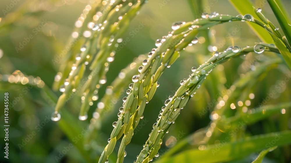 Morning Dew on Rice Plants: A Breathtaking Close-Up Morning Dew on Rice Plants: A Breathtaking Close-Up