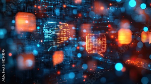 Creative GPT chat hologram with speech bubbles on a blurred blue background, representing the concept of artificial intelligence and natural showcasiadvancedtechnology in a modern digital setting.