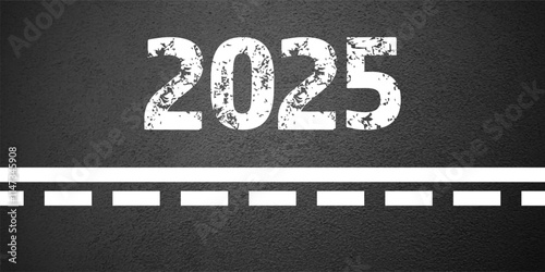 Asphalt road with white lane marking, concrete highway surface, texture. New year 2025. Street traffic line, road dividing strip. Pattern grainy structure, grunge background. Vector illustration