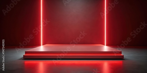 Red platform with glowing light in a rendered room, platform, red, glowing, light,rendered, room, design, modern
