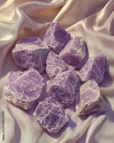 Lepidolite crystal arrangement natural setting gemstone soft lavender hues close-up view mineral aesthetics