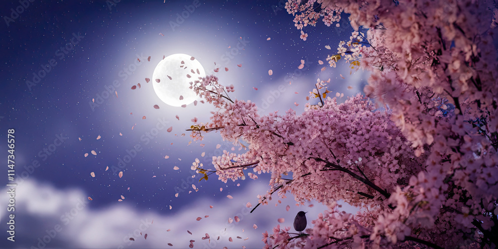 Serene Night Cherry Blossoms Full Moon Falling Petals Bird Serene Night Cherry Blossoms Full Moon Falling Petals Bird