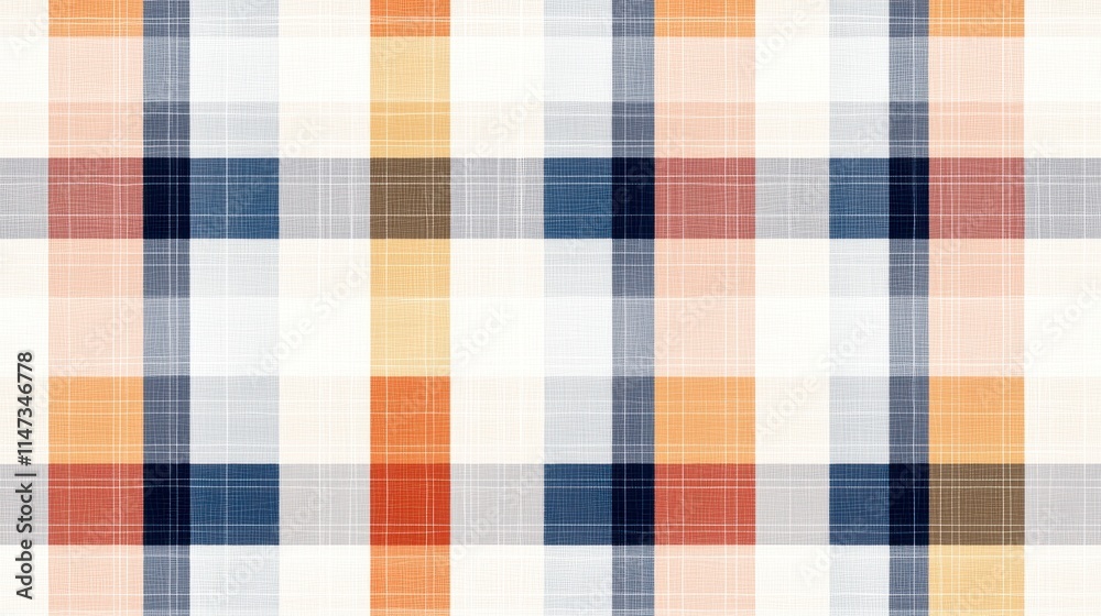 Bright and Colorful Plaid Pattern Design Featuring Warm Tones of Orange, Blue, and Neutral Shades for Fashion, Textiles, and Home Decor Applications Bright and Colorful Plaid Pattern Design Featuring Warm Tones of Orange, Blue, and Neutral Shades for Fashion, Textiles, and Home Decor Applications